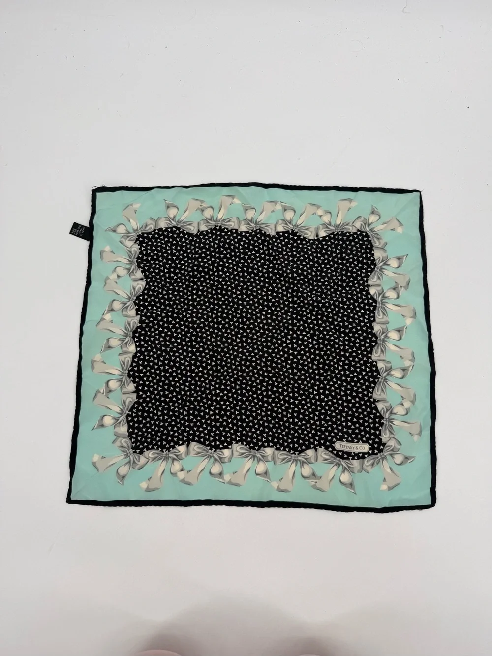 Tiffany & Co. Italy Silk Ribbon Bow Print Small Square Scarf Bandana Accessory